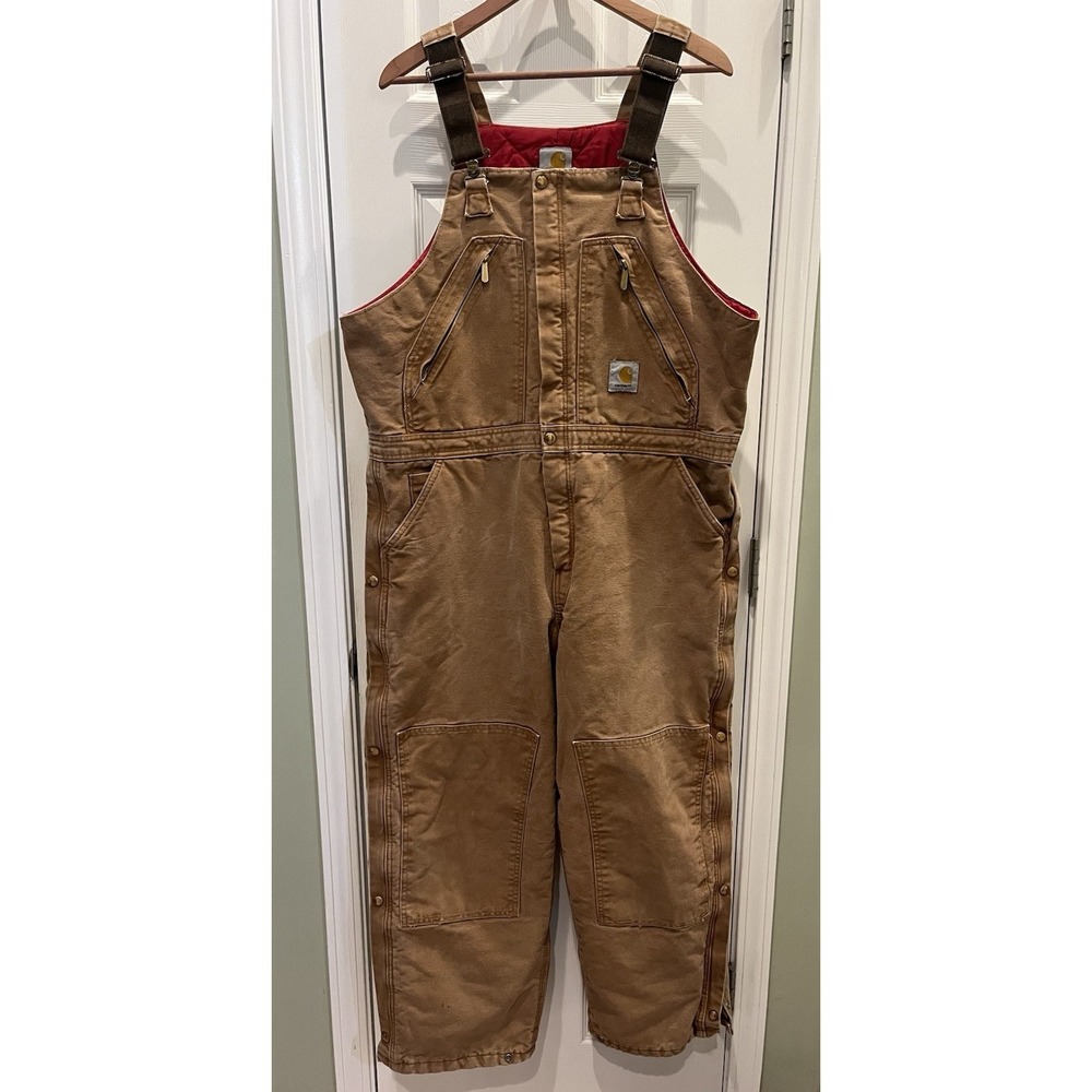 Carhartt Duck Overalls Bib 40x30 Quilt Lined Double Knee Zip To Waist R38 BRN‎